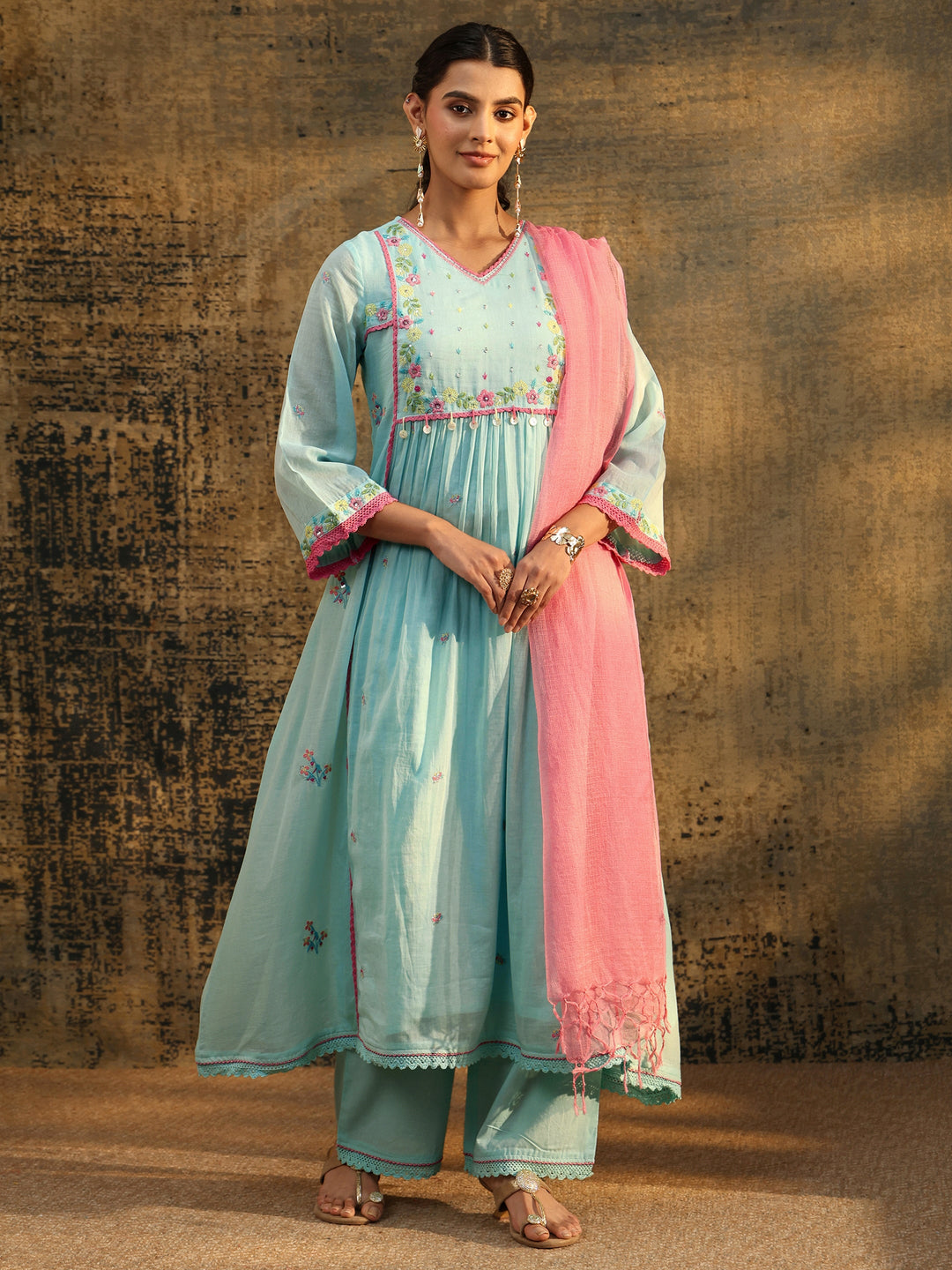  Libas Baby Blue Floral Embroidered Cotton Anarkali Suit Set 