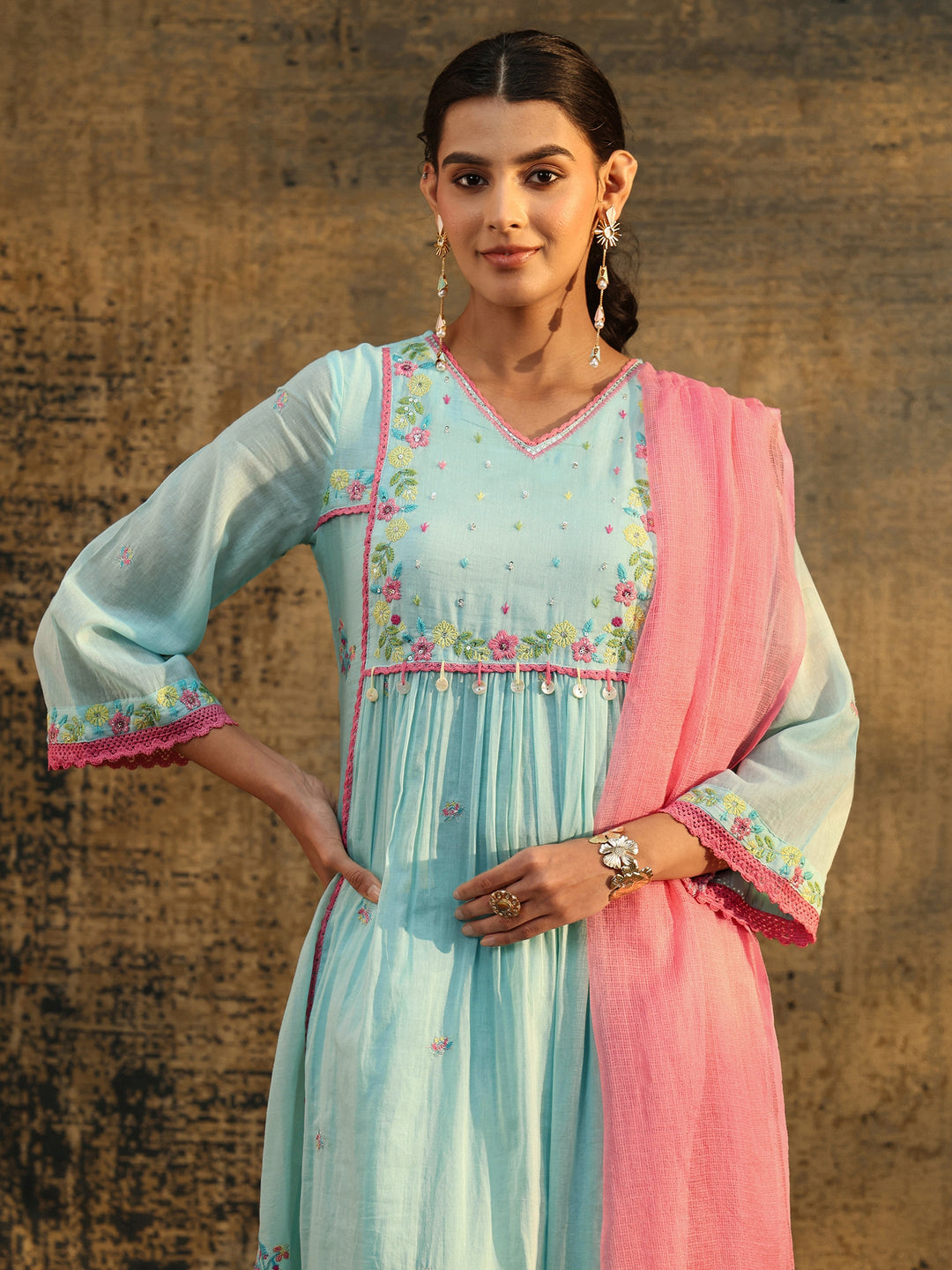  Libas Baby Blue Floral Embroidered Cotton Anarkali Suit Set 