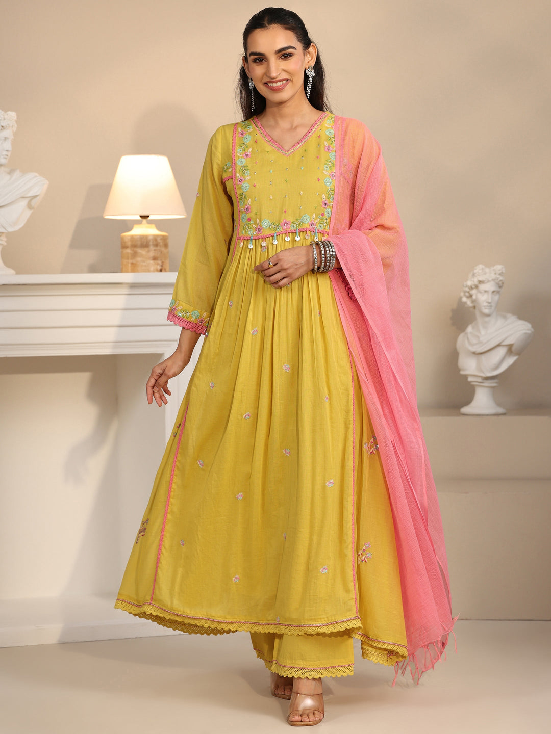  Libas Daffodil Yellow Floral Embroidered Cotton Anarkali Suit Set 