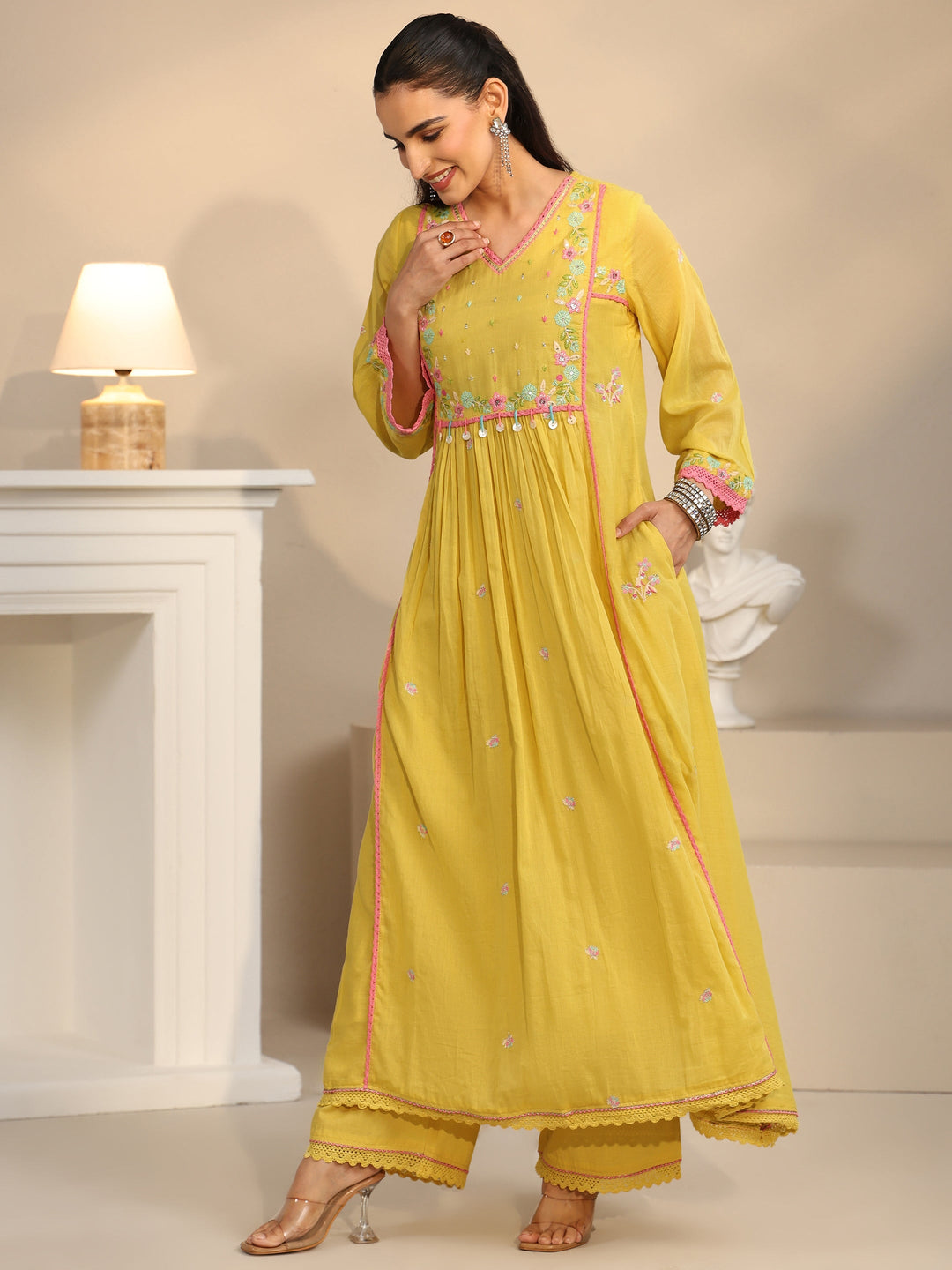  Libas Daffodil Yellow Floral Embroidered Cotton Anarkali Suit Set 