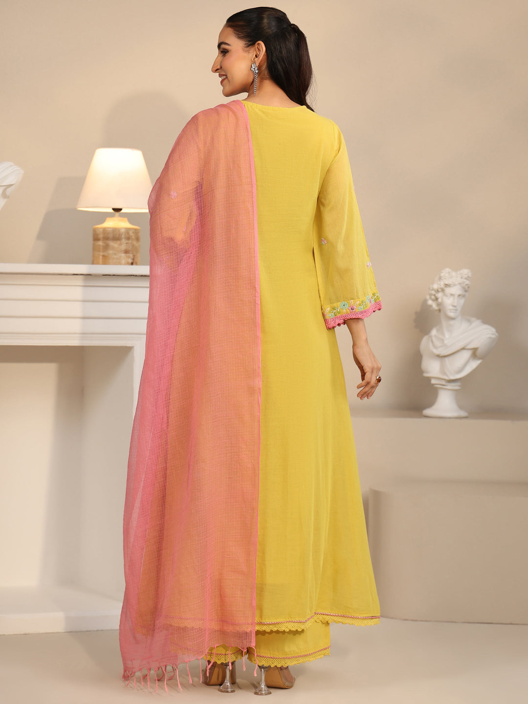  Libas Daffodil Yellow Floral Embroidered Cotton Anarkali Suit Set 