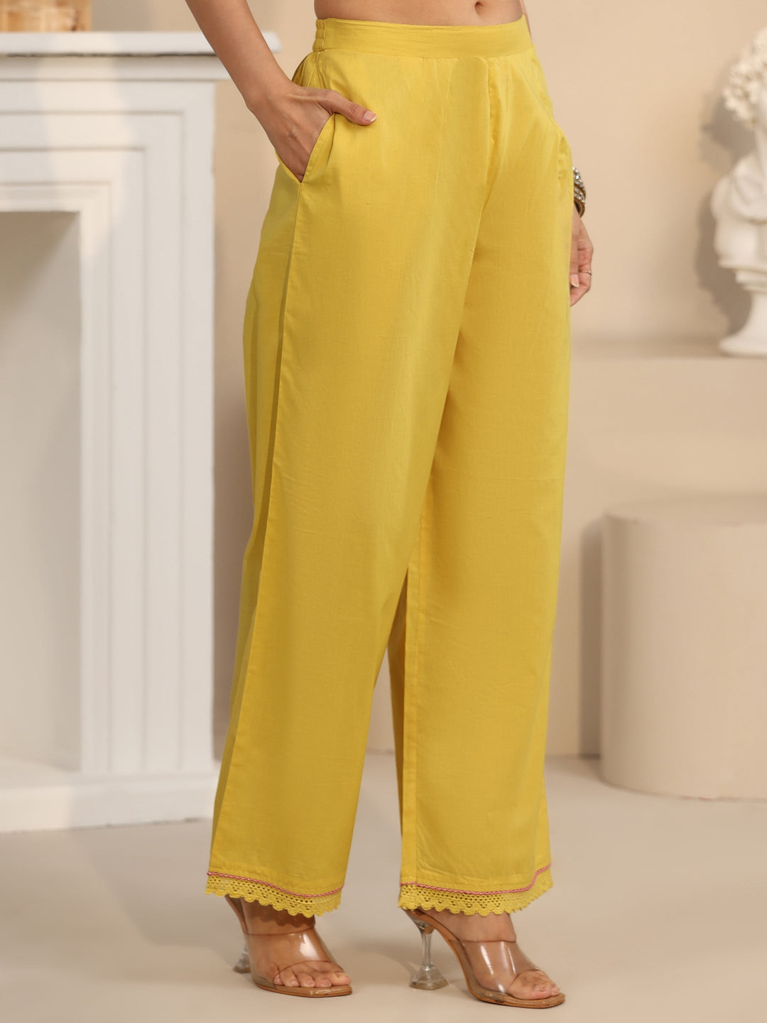  Libas Daffodil Yellow Floral Embroidered Cotton Anarkali Suit Set 