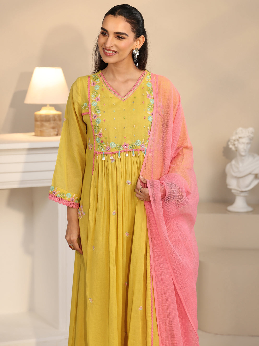  Libas Daffodil Yellow Floral Embroidered Cotton Anarkali Suit Set 