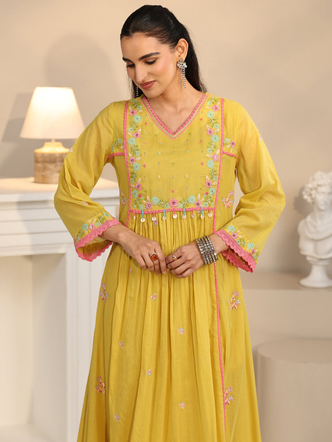  Libas Daffodil Yellow Floral Embroidered Cotton Anarkali Suit Set 