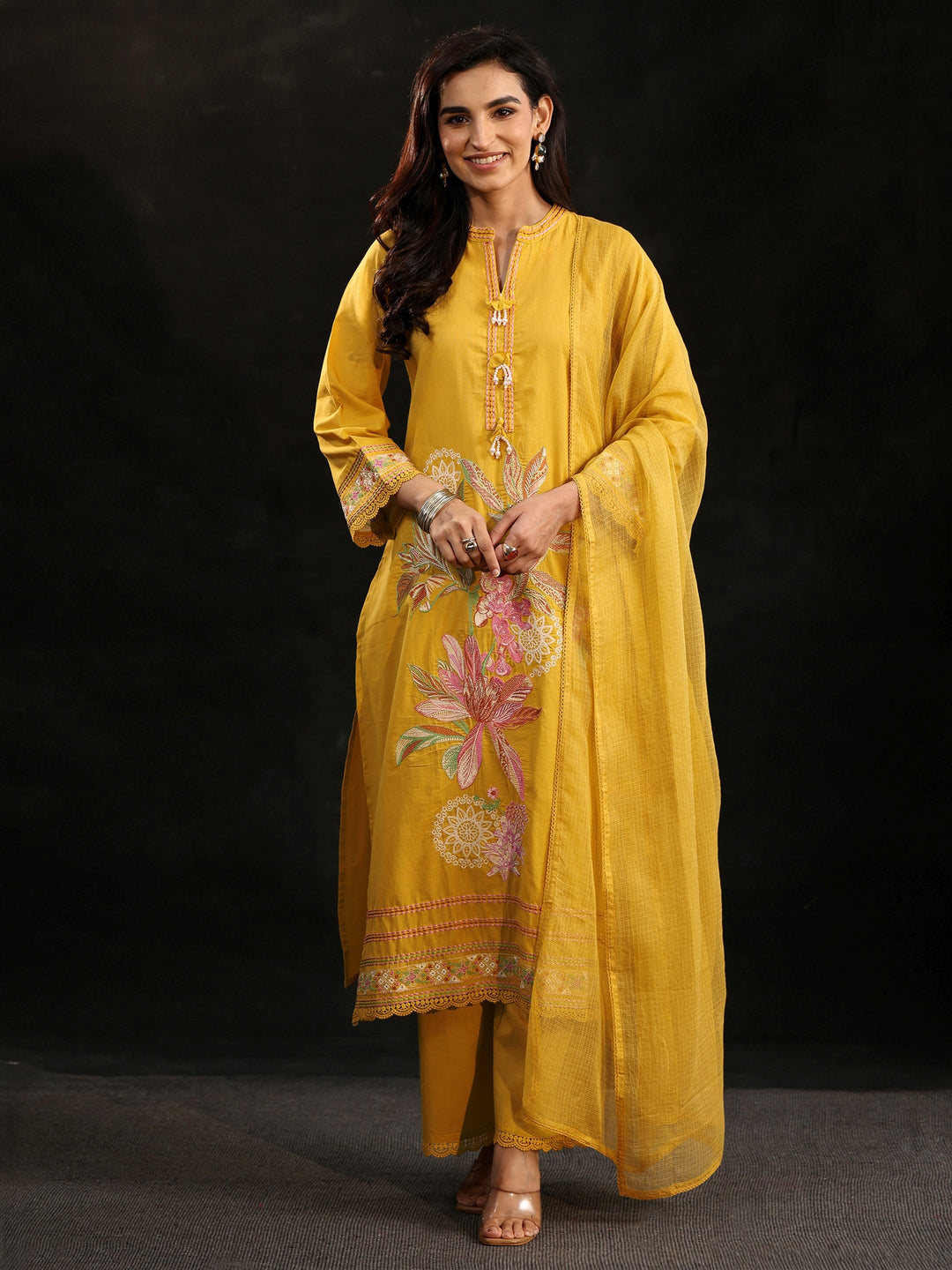  Libas Mustard Floral Embroidered Cotton Straight Suit Set 