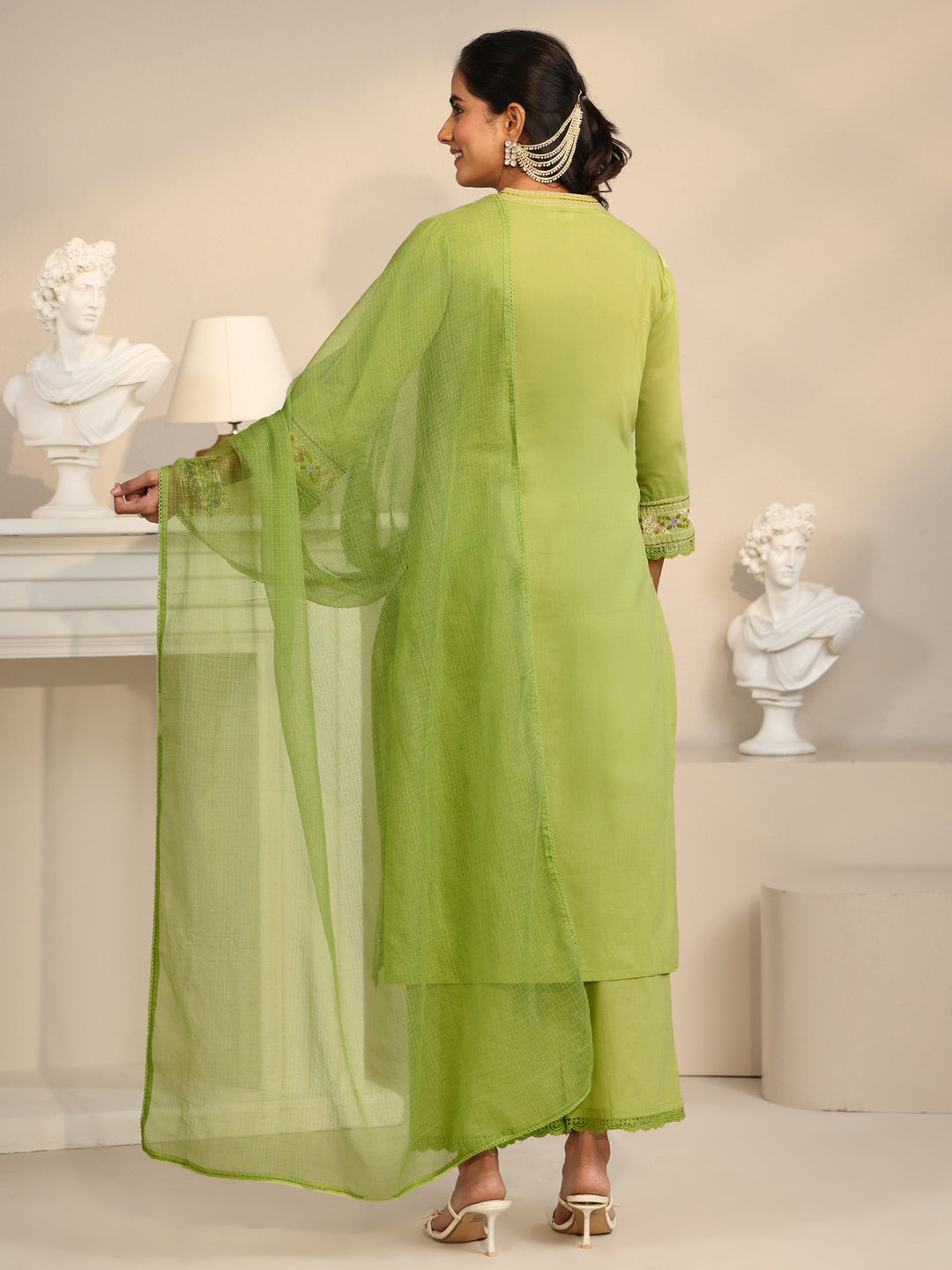  Libas Lime Green Floral Embroidered Cotton Straight Suit Set 