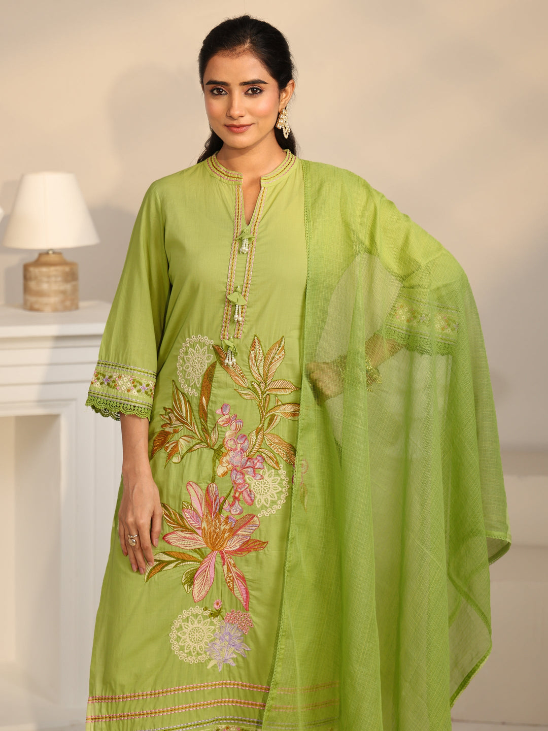  Libas Lime Green Floral Embroidered Cotton Straight Suit Set 