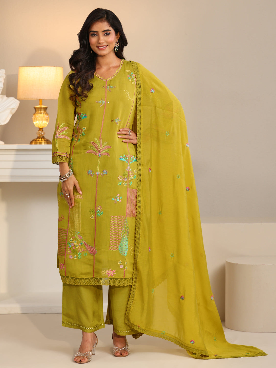  Libas Olive Green Floral Embroidered Chanderi Cotton Straight Suit Set 