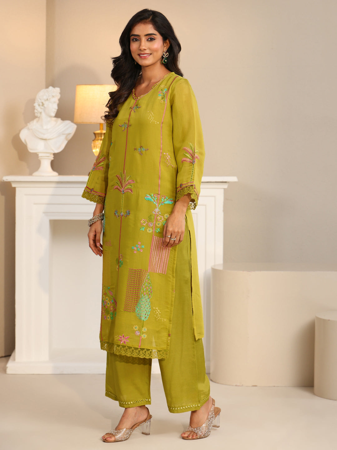  Libas Olive Green Floral Embroidered Chanderi Cotton Straight Suit Set 