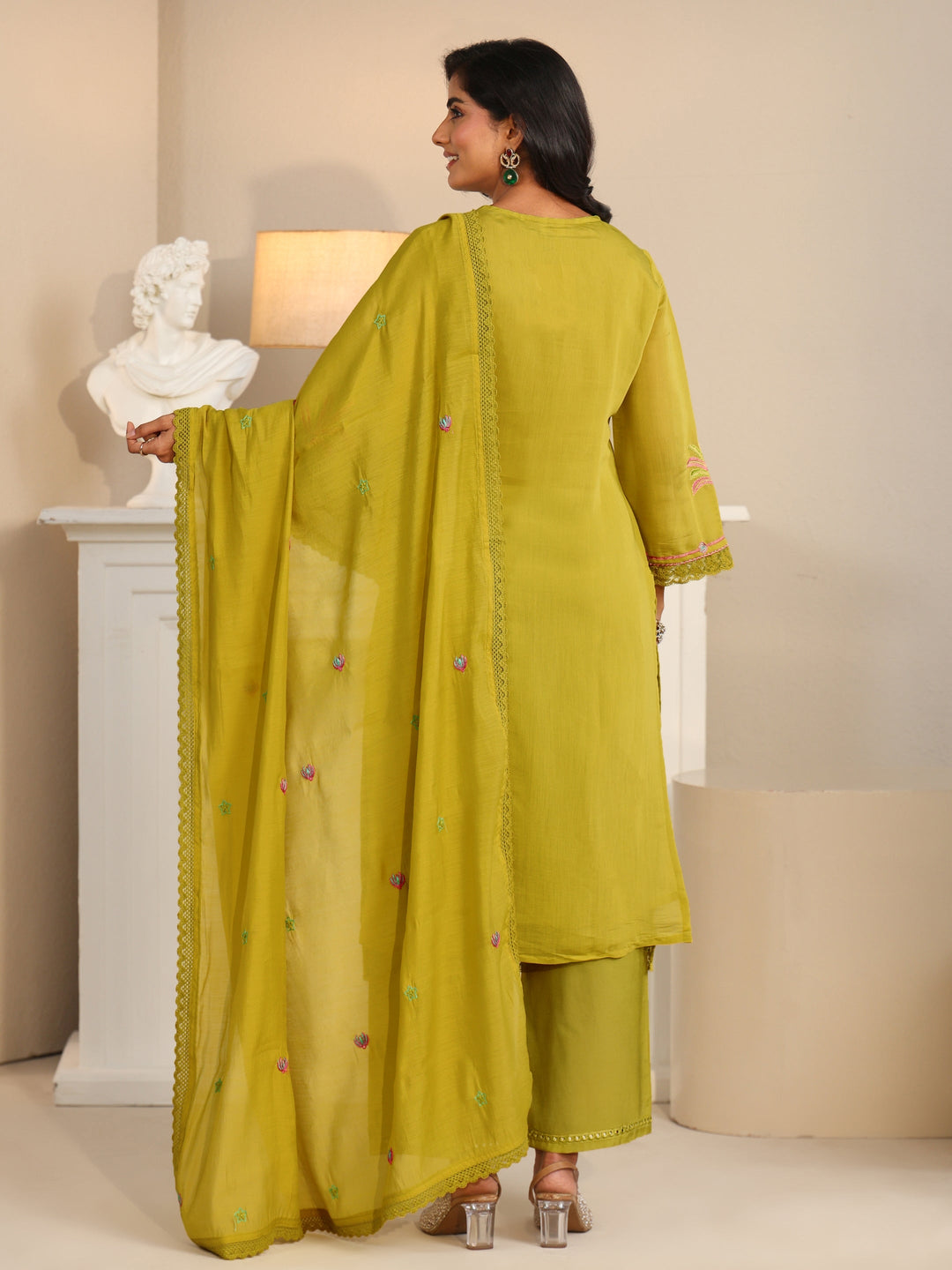  Libas Olive Green Floral Embroidered Chanderi Cotton Straight Suit Set 