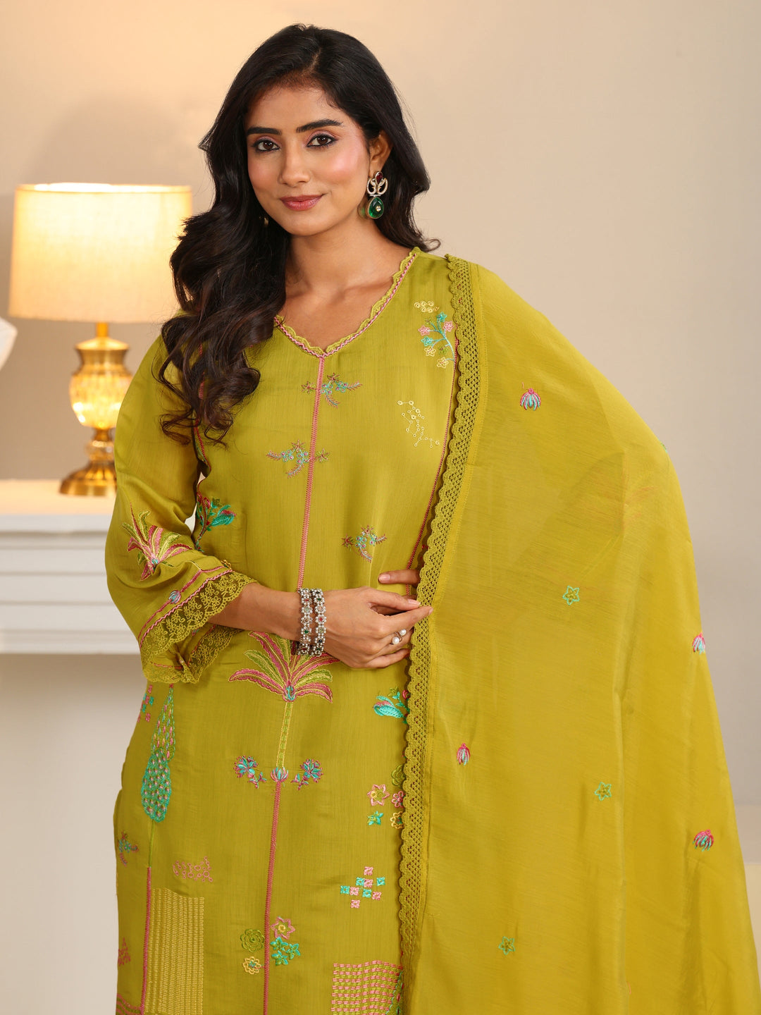  Libas Olive Green Floral Embroidered Chanderi Cotton Straight Suit Set 