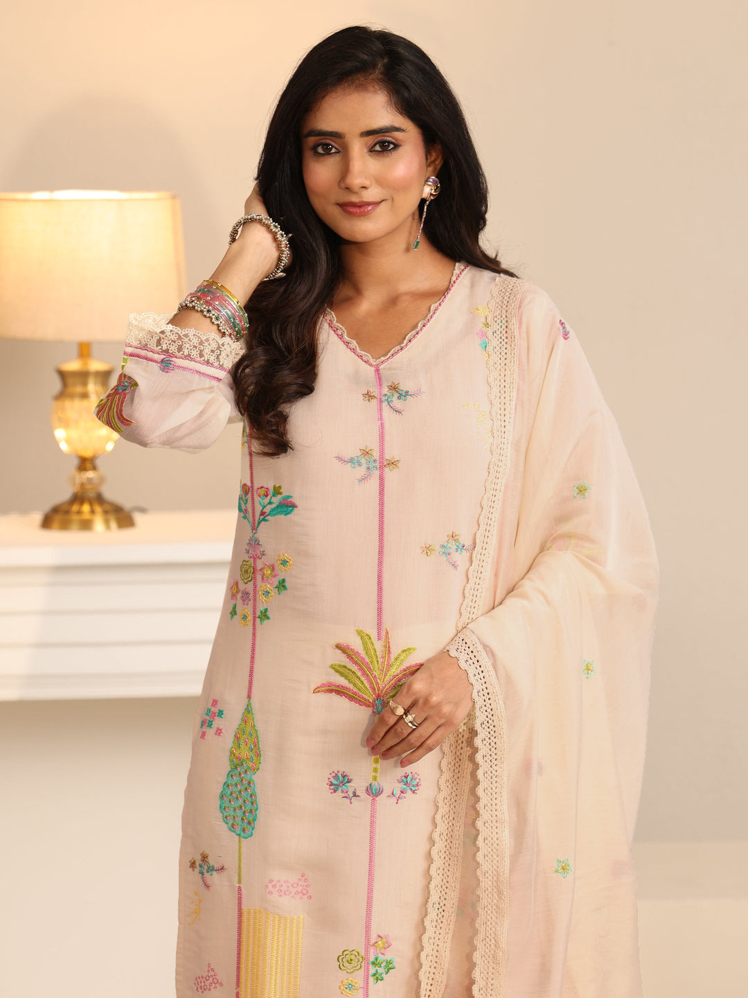  Libas White Floral Embroidered Chanderi Cotton Straight Suit Set 