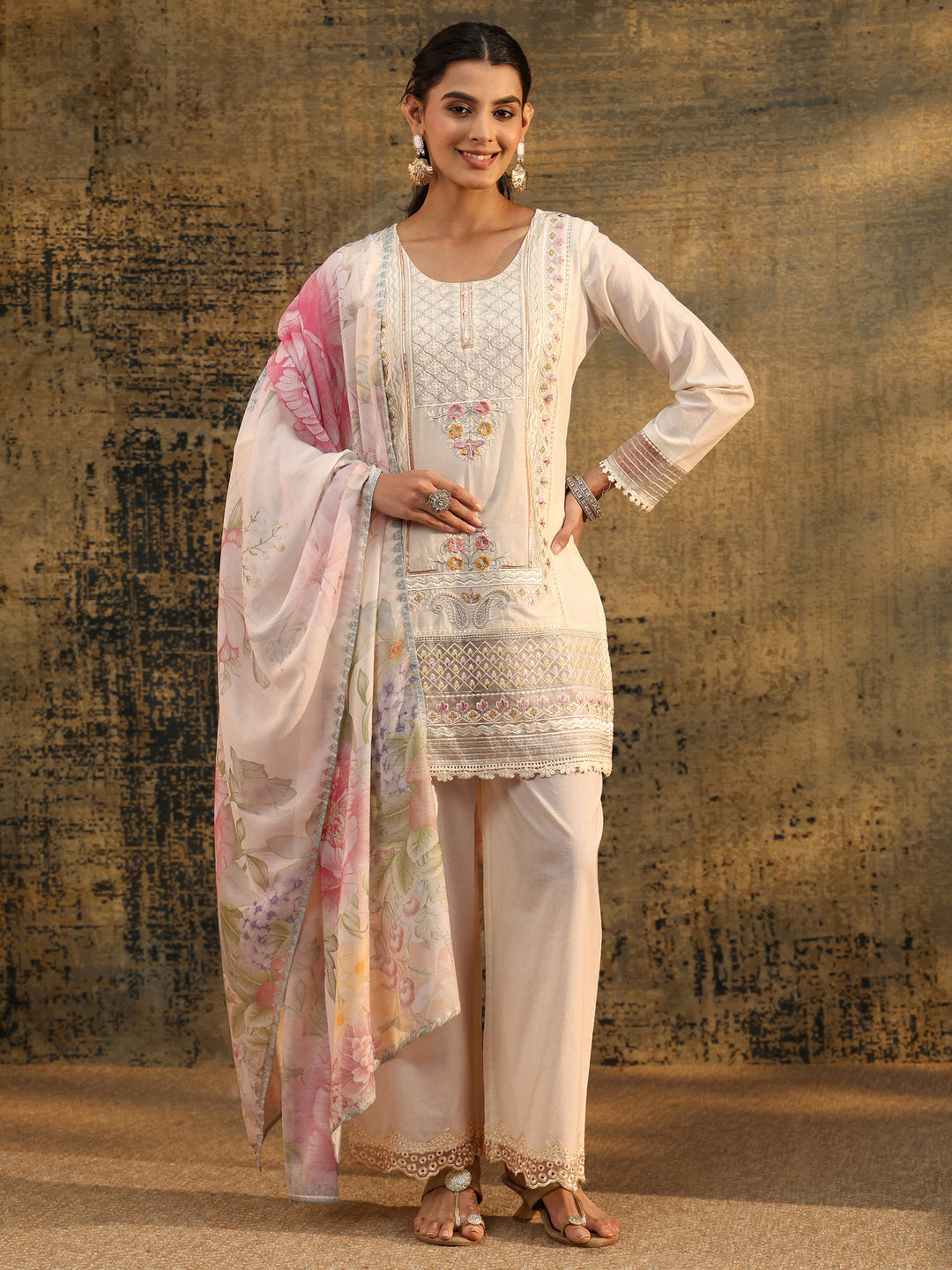  Libas Ivory Embroidered Cotton Short Kurta Pant Suit Set 