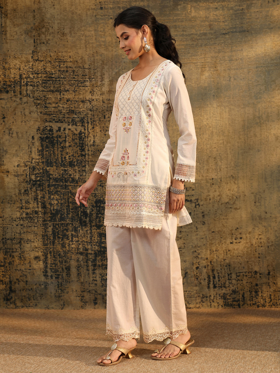  Libas Ivory Embroidered Cotton Short Kurta Pant Suit Set 