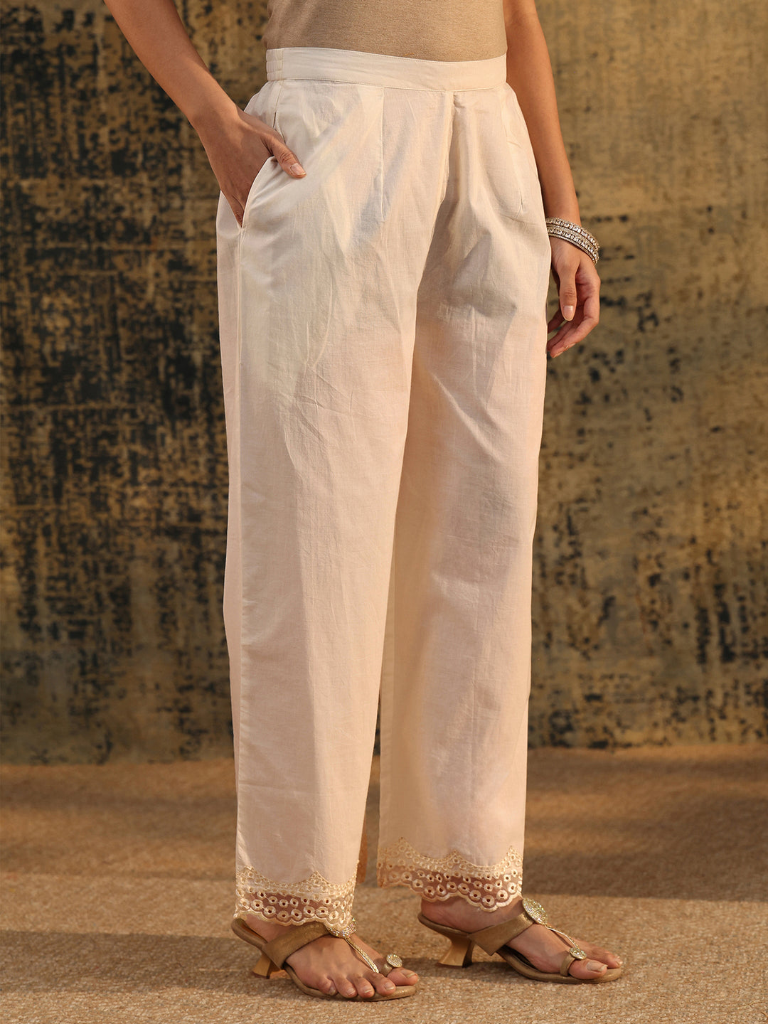  Libas Ivory Embroidered Cotton Short Kurta Pant Suit Set 