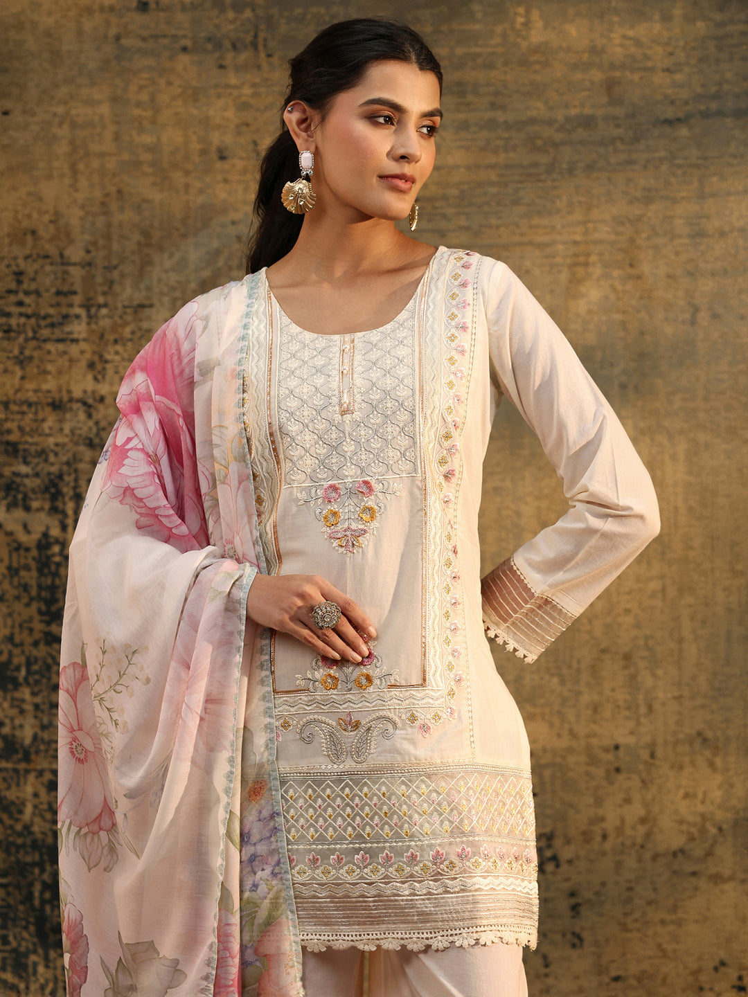 Libas Ivory Embroidered Cotton Short Kurta Pant Suit Set 
