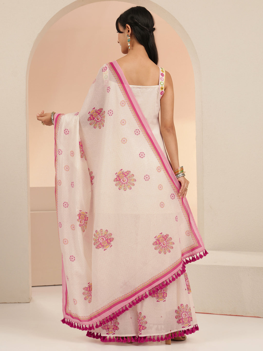  Libas Off White Printed Cotton Sharara Suit Set with Tassel Details 
