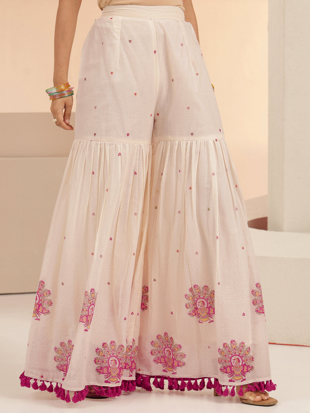  Libas Off White Printed Cotton Sharara Suit Set with Tassel Details 