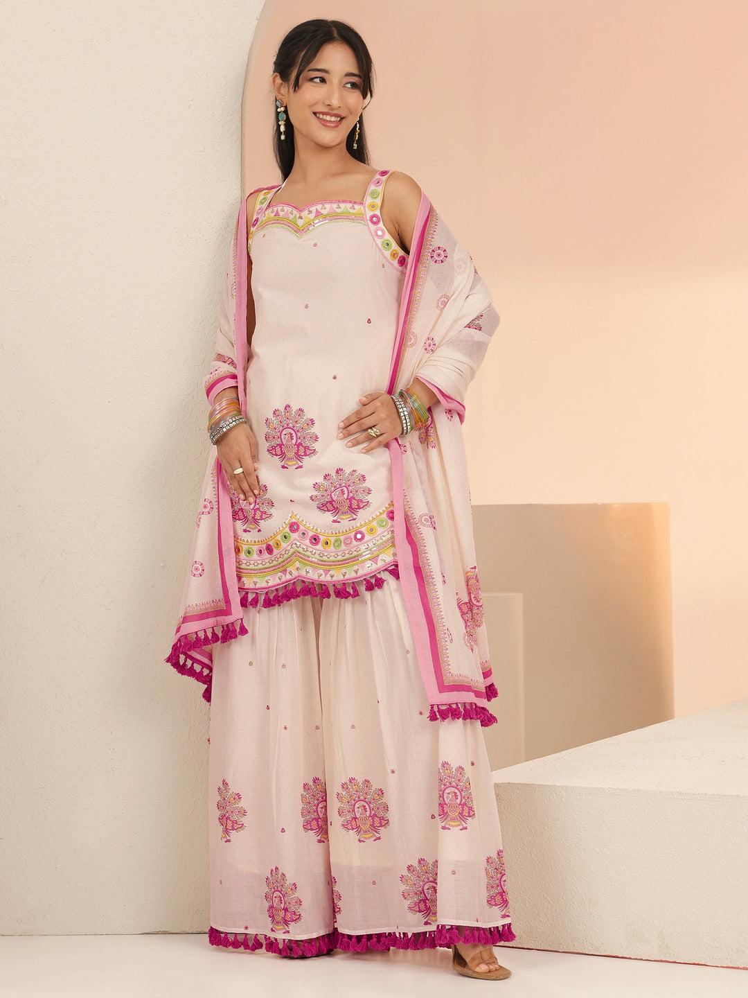 Libas Off White Printed Cotton Sharara Suit Set with Tassel Details 