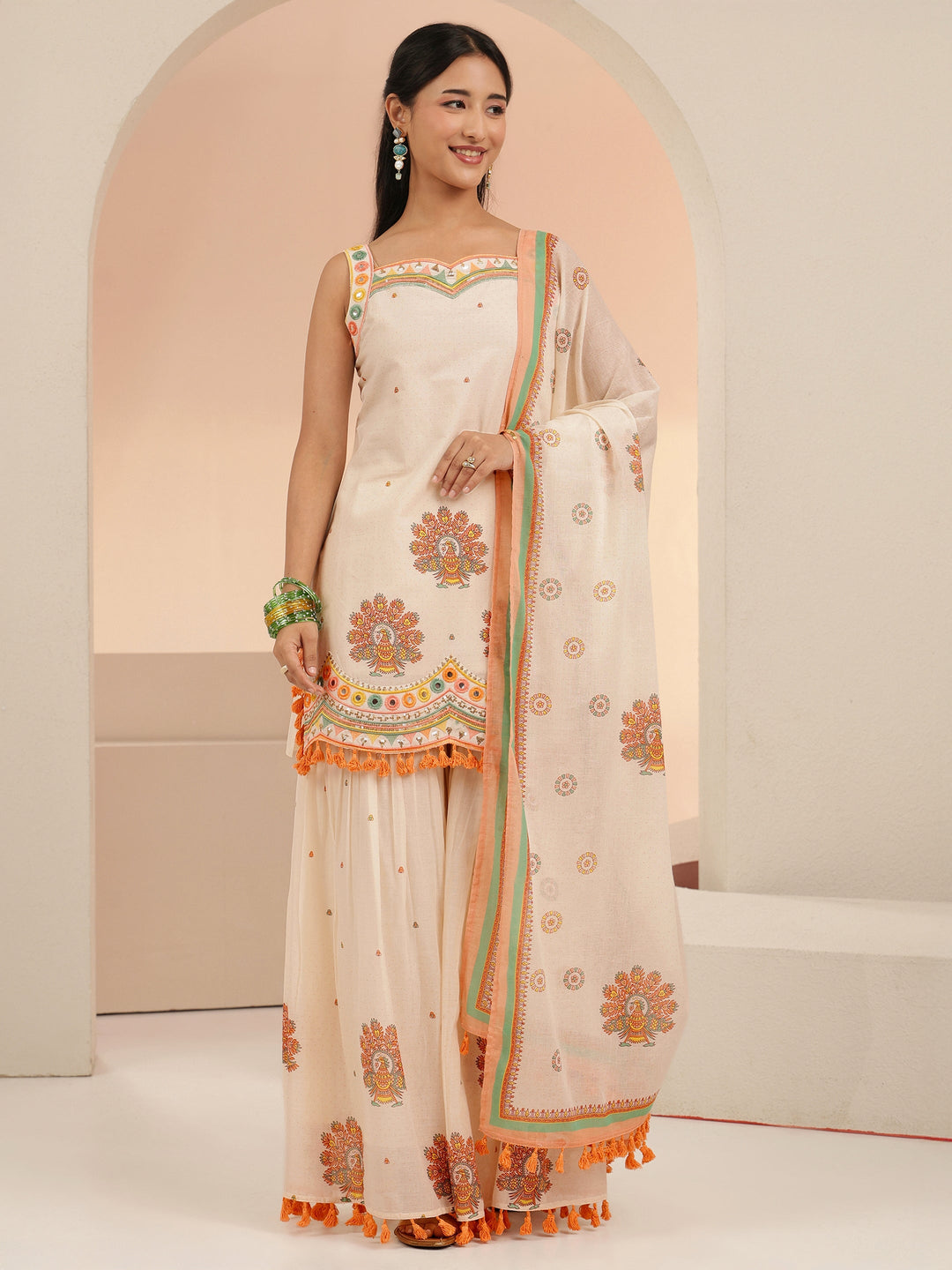  Libas Off White Printed Cotton Sharara Suit Set with Tassel Details 