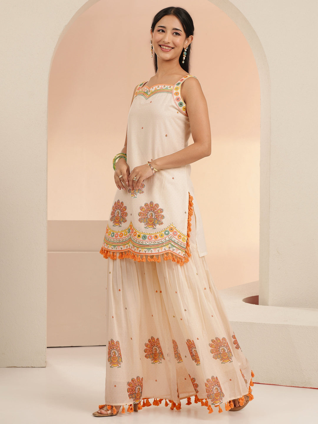  Libas Off White Printed Cotton Sharara Suit Set with Tassel Details 