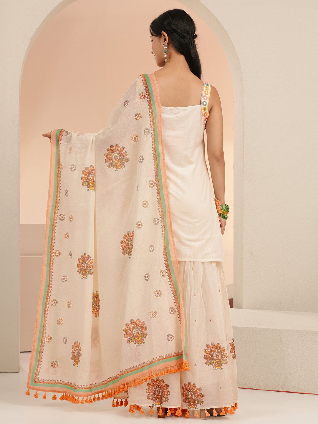  Libas Off White Printed Cotton Sharara Suit Set with Tassel Details 