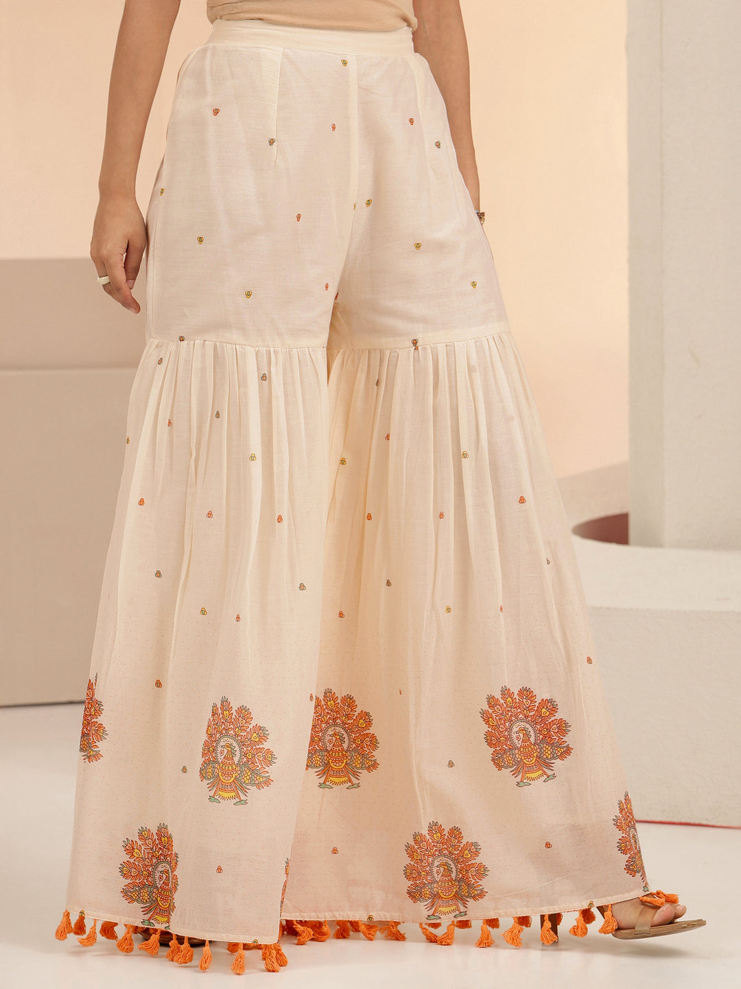  Libas Off White Printed Cotton Sharara Suit Set with Tassel Details 