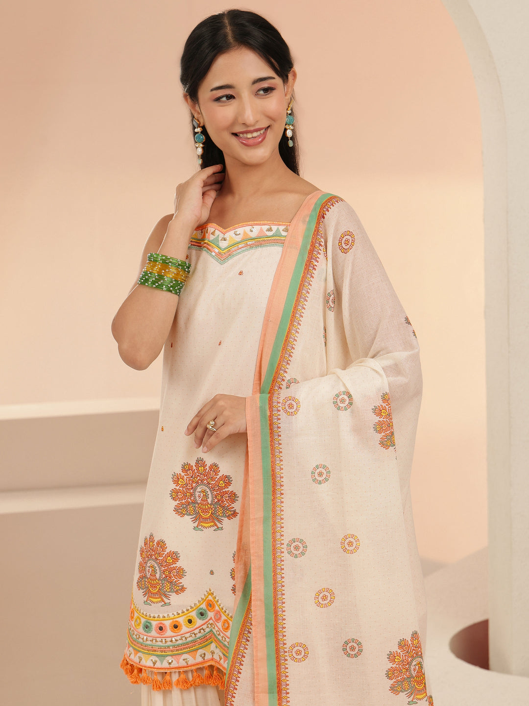  Libas Off White Printed Cotton Sharara Suit Set with Tassel Details 