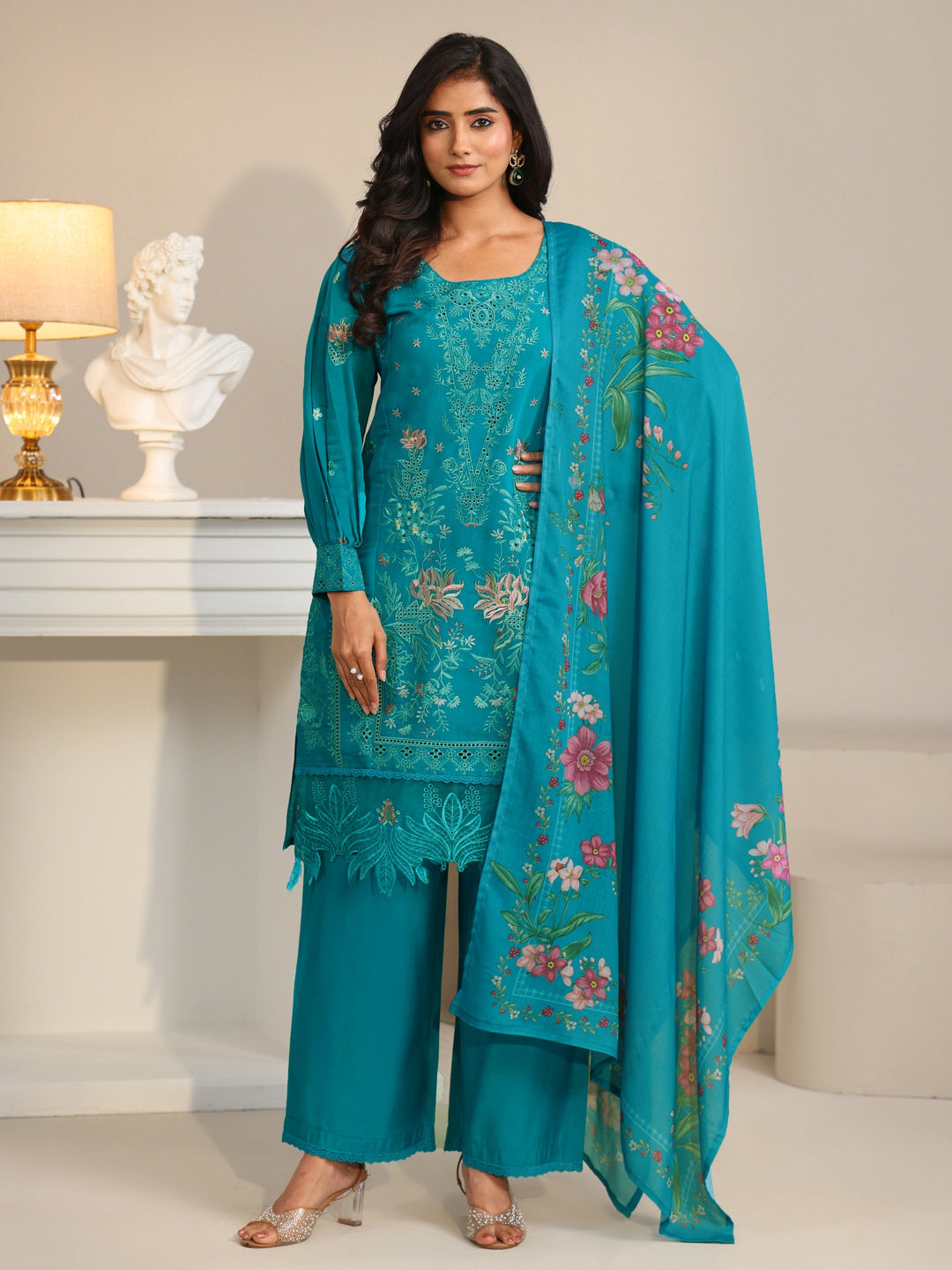  Libas Turquoise Blue Floral Embroidered Chanderi Cotton Straight Suit Set 