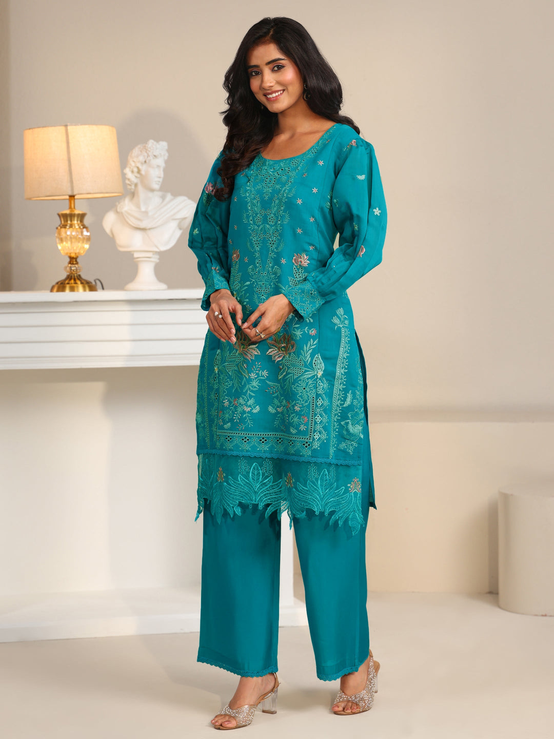  Libas Turquoise Blue Floral Embroidered Chanderi Cotton Straight Suit Set 