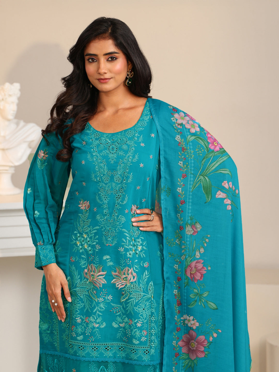  Libas Turquoise Blue Floral Embroidered Chanderi Cotton Straight Suit Set 