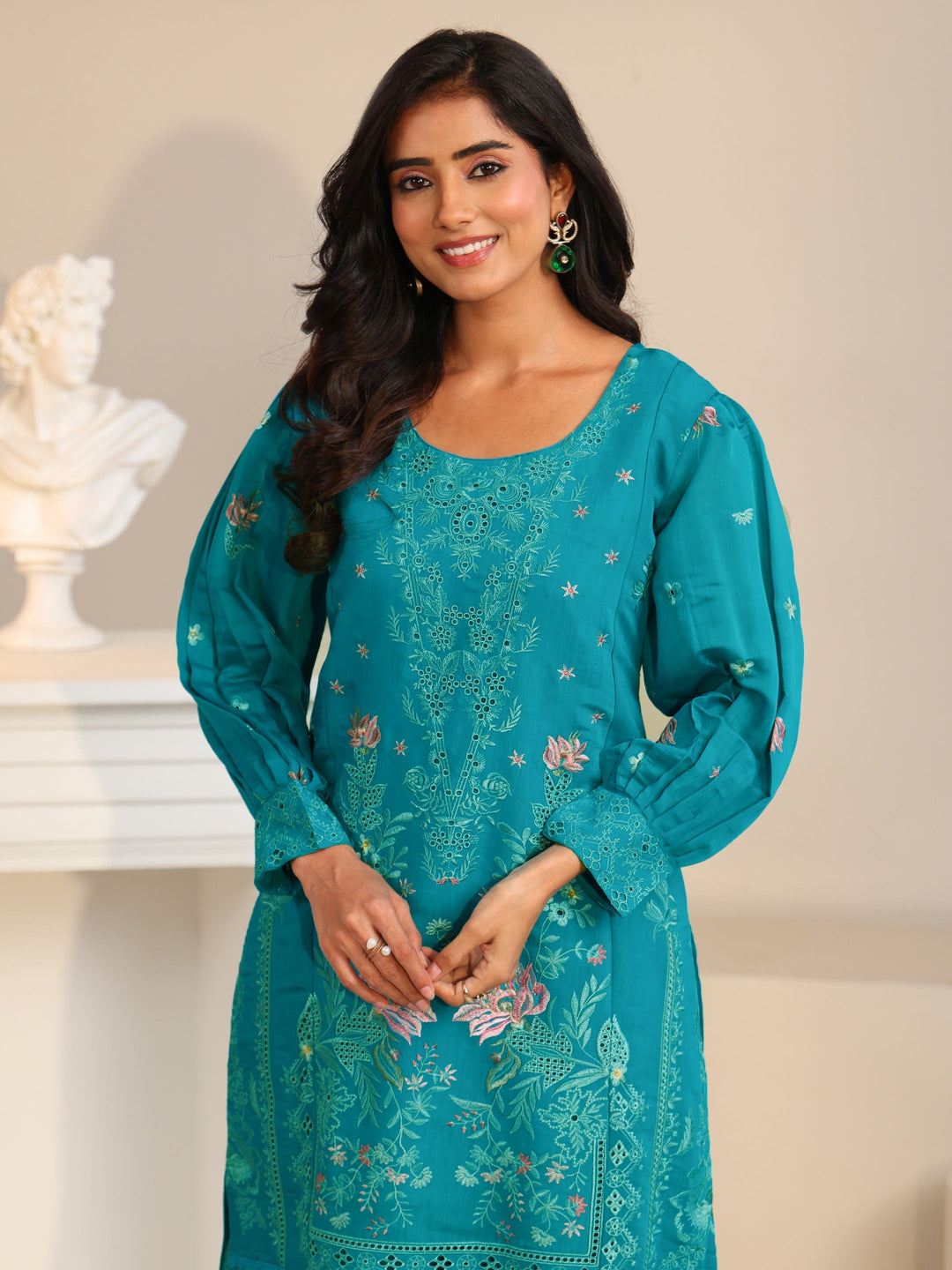  Libas Turquoise Blue Floral Embroidered Chanderi Cotton Straight Suit Set 