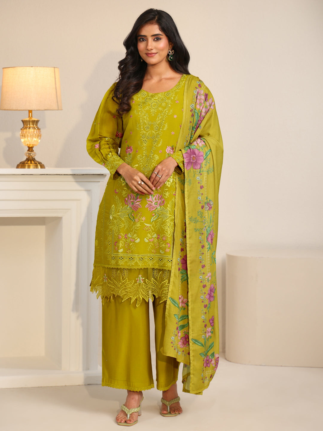  Libas Henna Green Floral Embroidered Chanderi Cotton Straight Suit Set 