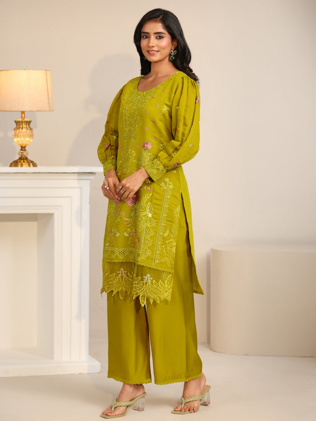  Libas Henna Green Floral Embroidered Chanderi Cotton Straight Suit Set 