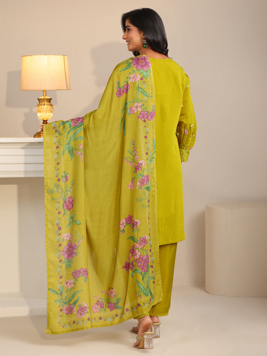  Libas Henna Green Floral Embroidered Chanderi Cotton Straight Suit Set 
