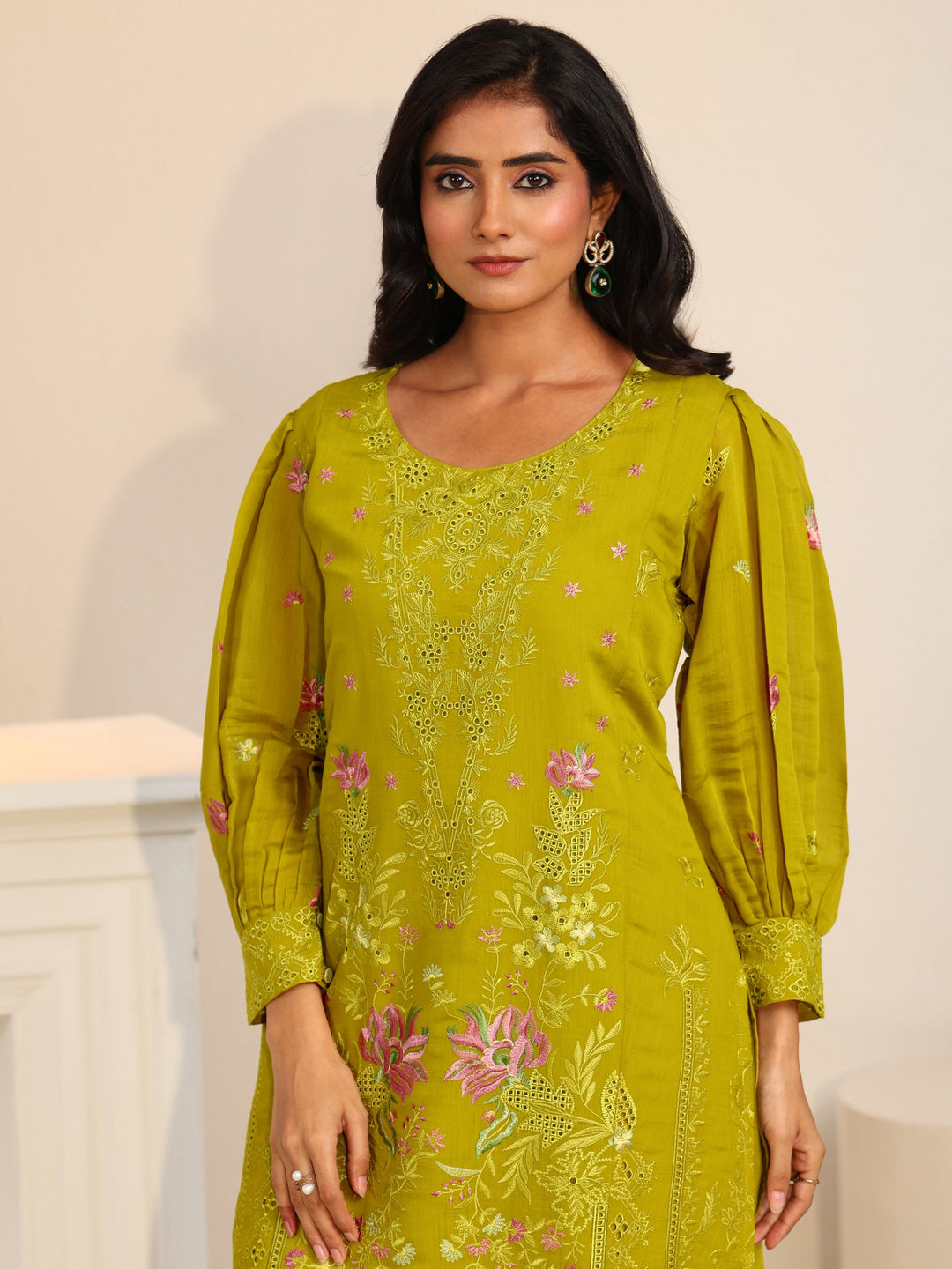  Libas Henna Green Floral Embroidered Chanderi Cotton Straight Suit Set 