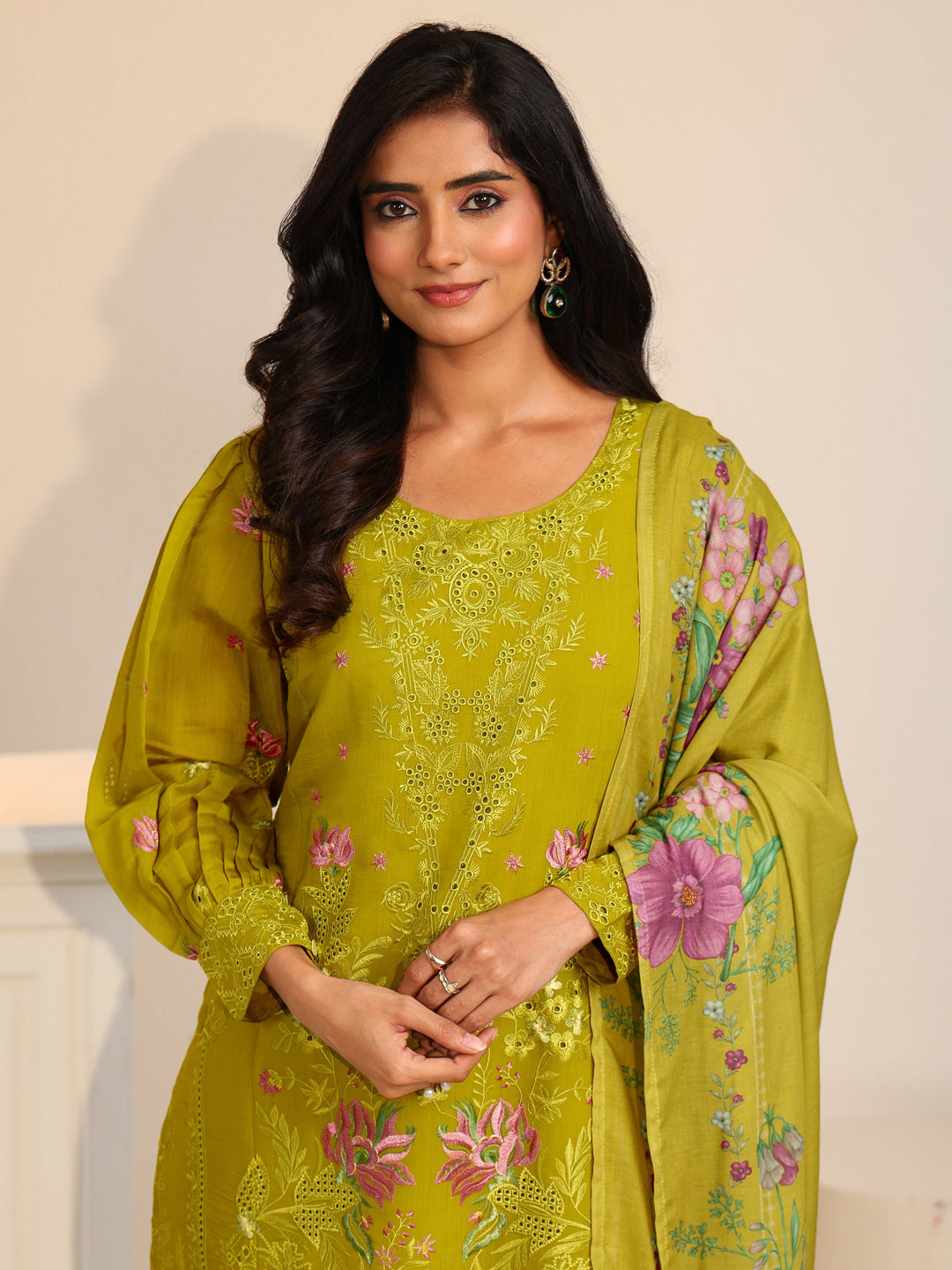  Libas Henna Green Floral Embroidered Chanderi Cotton Straight Suit Set 