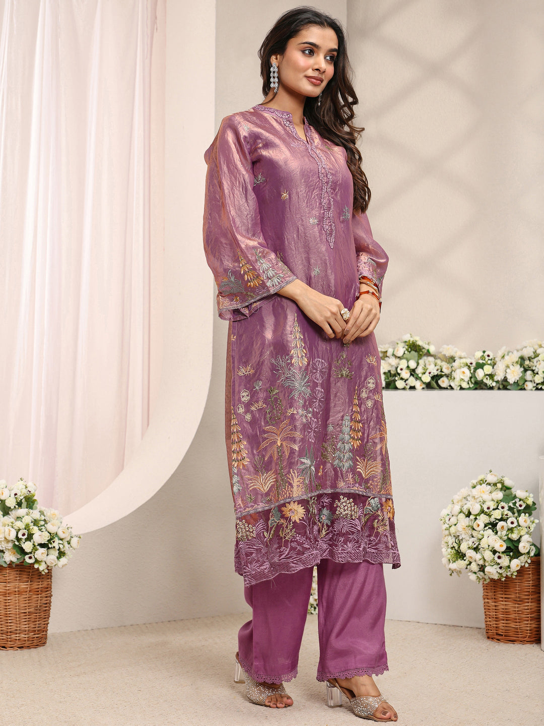  Mauve Floral Embroidered Organza Straight Suit Set with Dupatta 