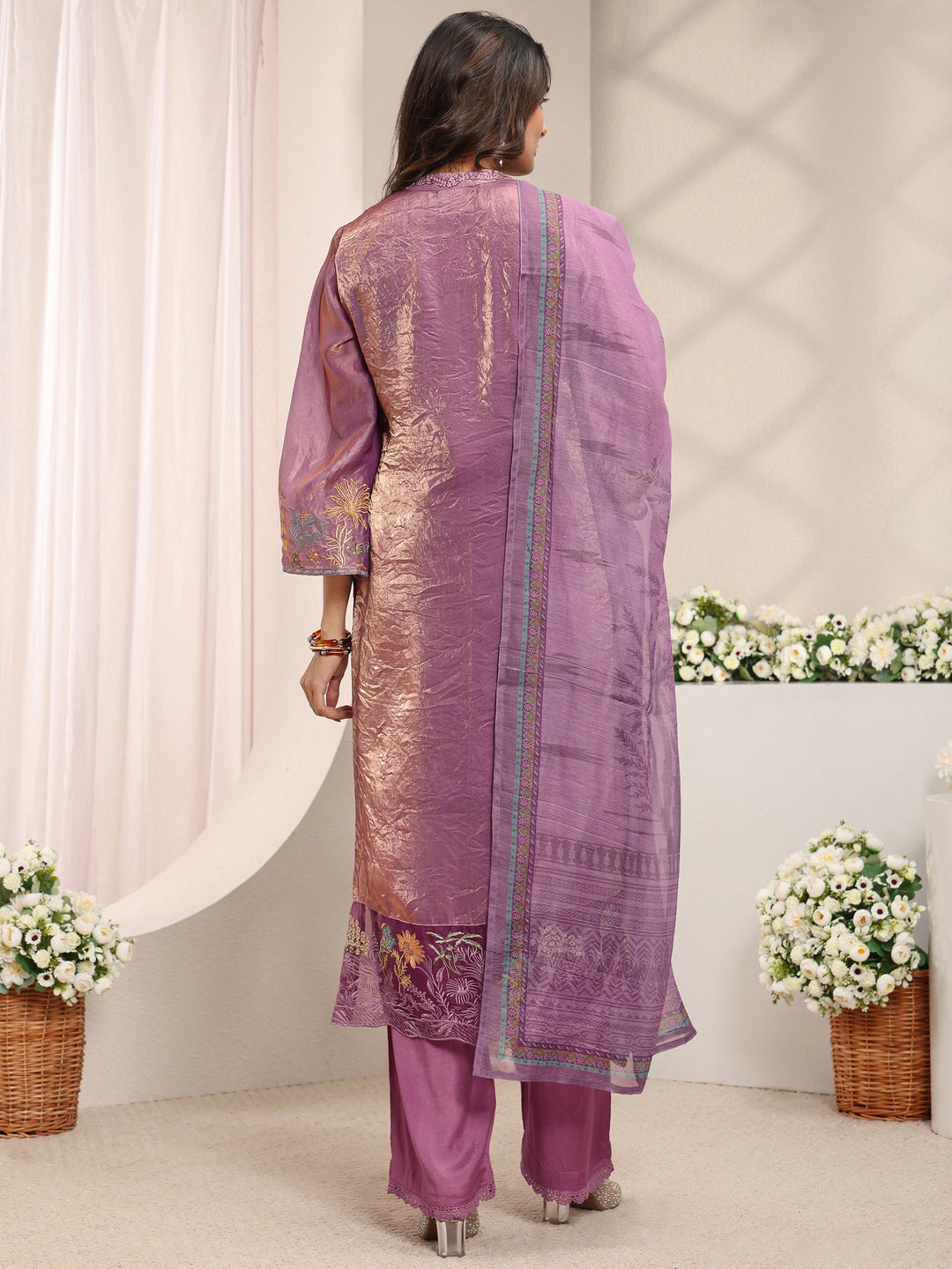  Mauve Floral Embroidered Organza Straight Suit Set with Dupatta 