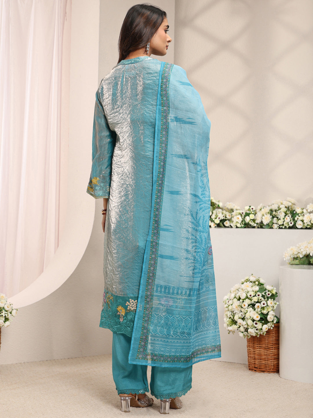  Blue Floral Embroidered Organza Straight Suit Set with Dupatta 