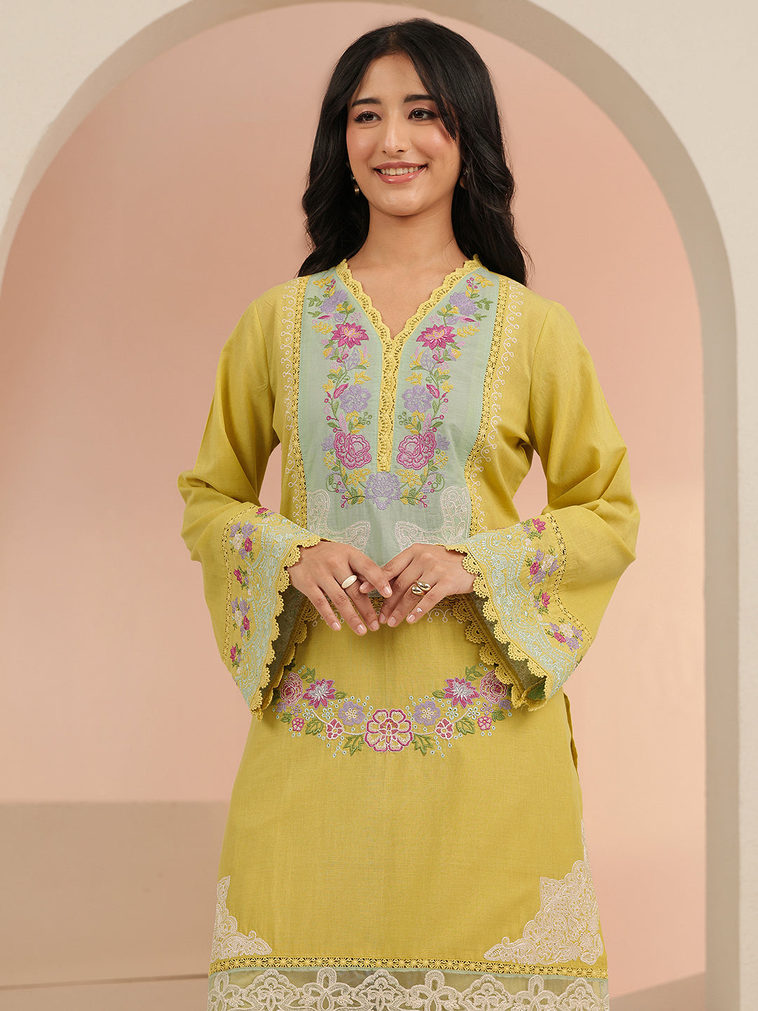  Libas Yellow Floral Embroidered Cotton Straight Suit Set 