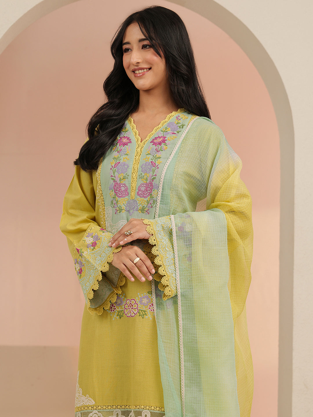  Libas Yellow Floral Embroidered Cotton Straight Suit Set 