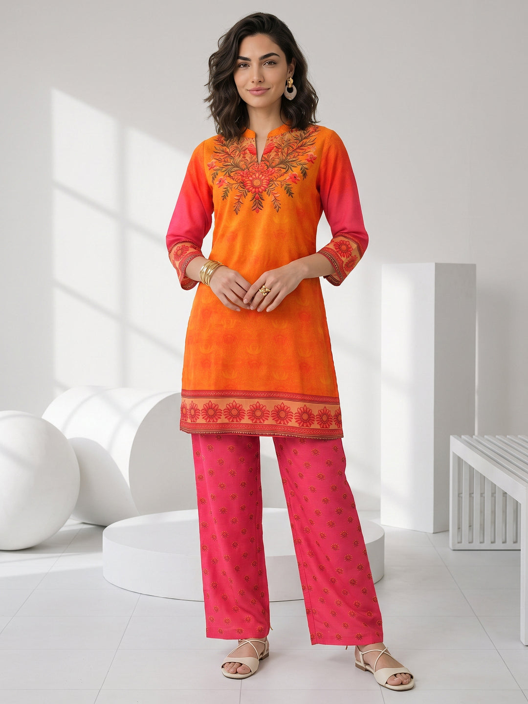  Libas Orange and Pink Printed Chiffon Straight Kurta Set 