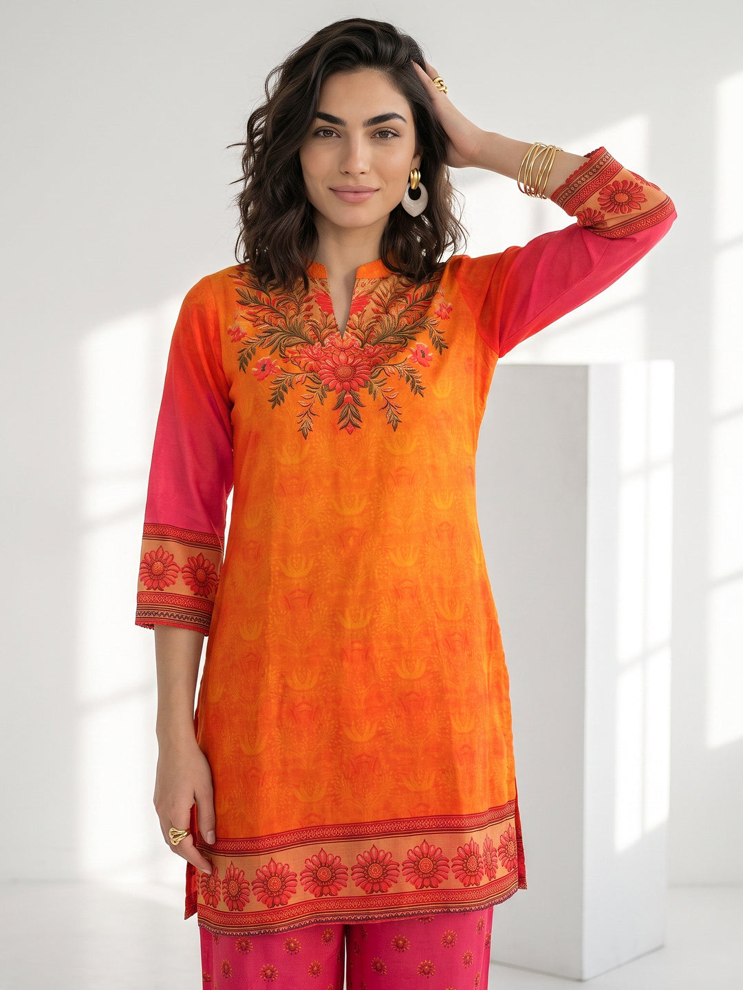  Libas Orange and Pink Printed Chiffon Straight Kurta Set 
