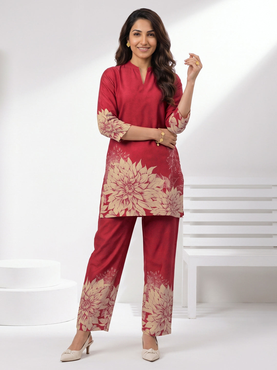  Libas Maroon Floral Printed Muslin Straight Kurta Set 