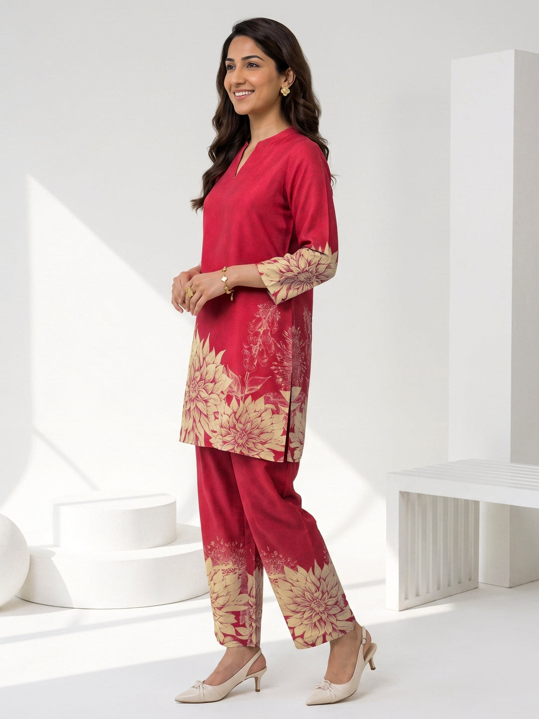  Libas Maroon Floral Printed Muslin Straight Kurta Set 