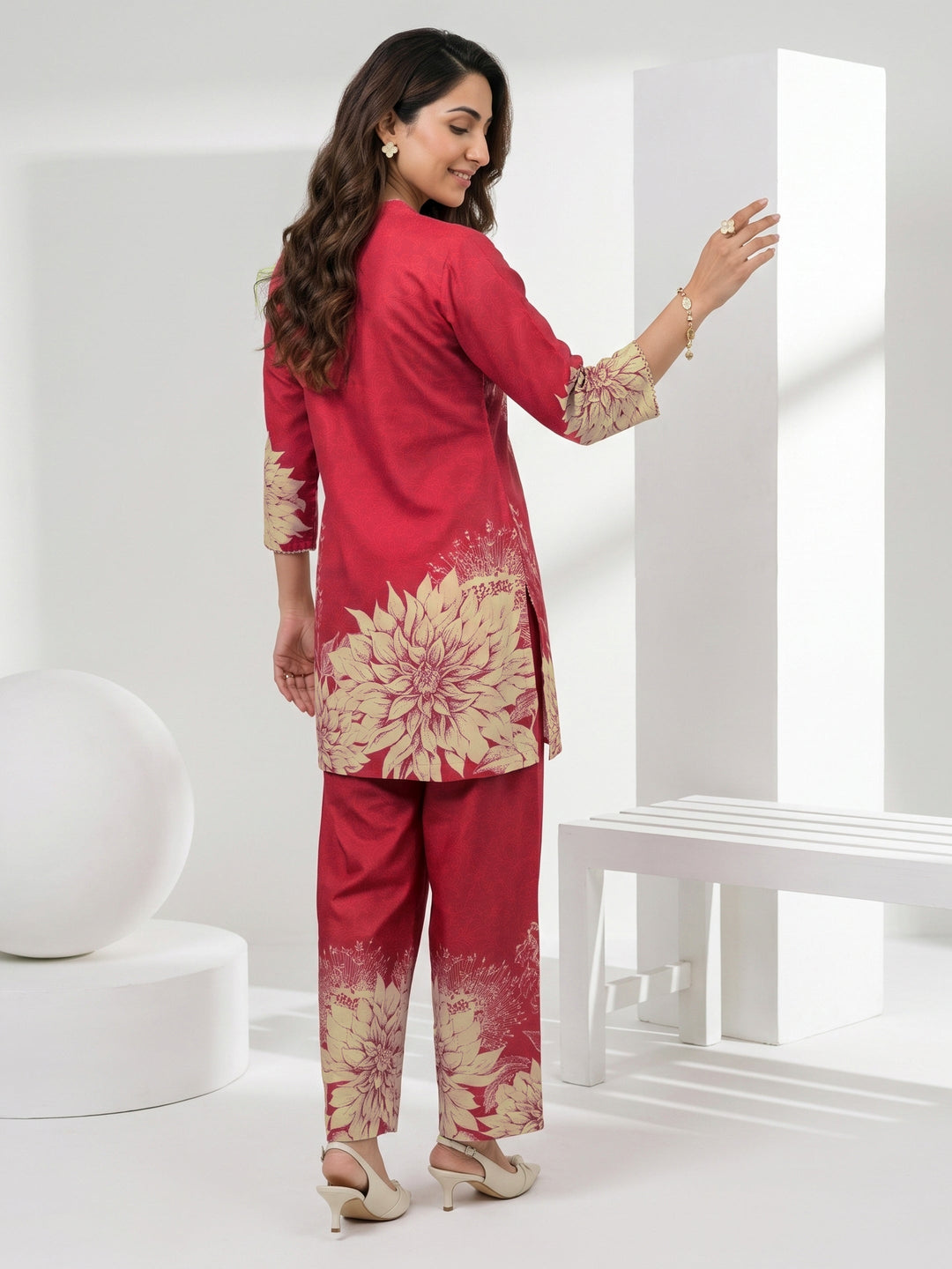  Libas Maroon Floral Printed Muslin Straight Kurta Set 