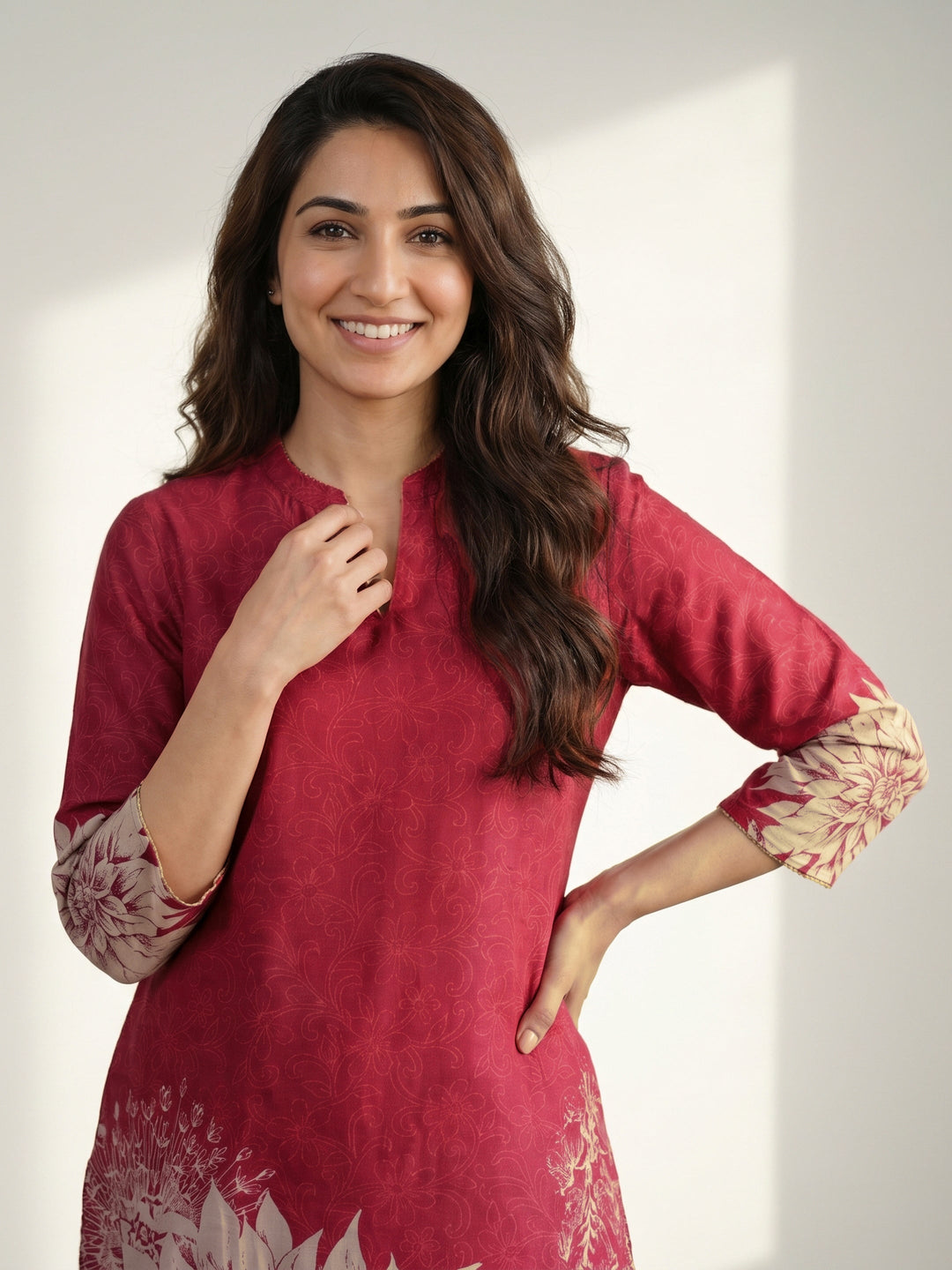  Libas Maroon Floral Printed Muslin Straight Kurta Set 