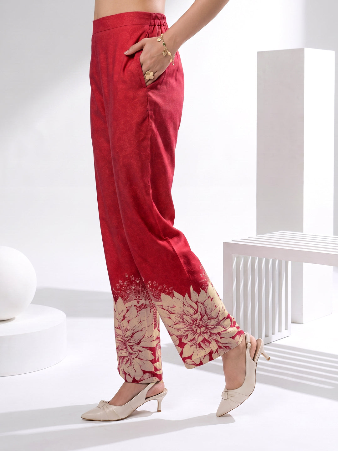  Libas Maroon Floral Printed Muslin Straight Kurta Set 
