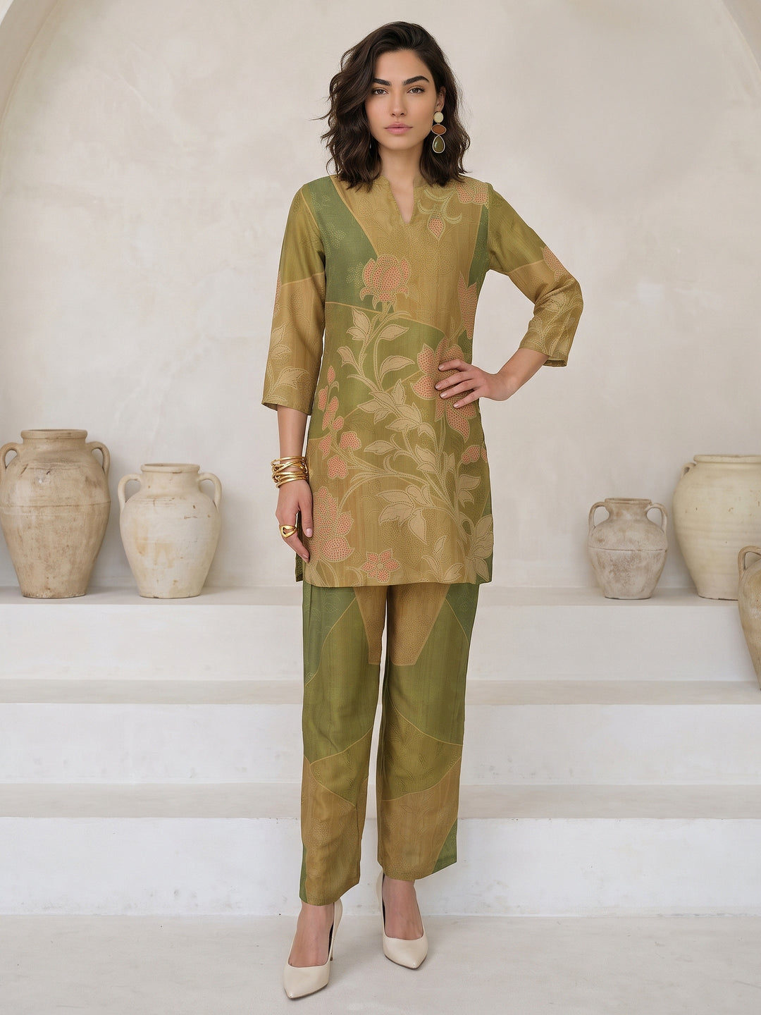  Libas Green Floral Printed Muslin Straight Kurta Set 